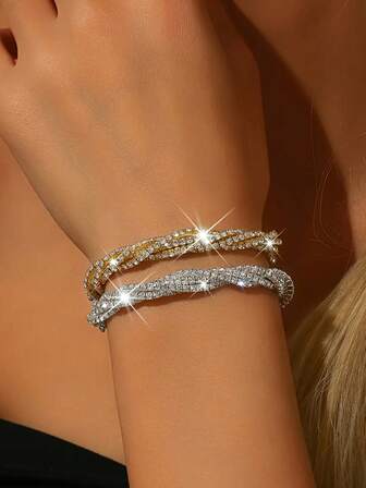 1pc Fully Rhinestoned Elastic Bracelet, Luxurious & Delicate Beaded Bracelet, Braided Bracelet