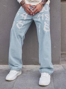 ‌Pantalones vaqueros anchos para hombre, estampado de letras blancas, look urbano y casual - Azul - Ver 3