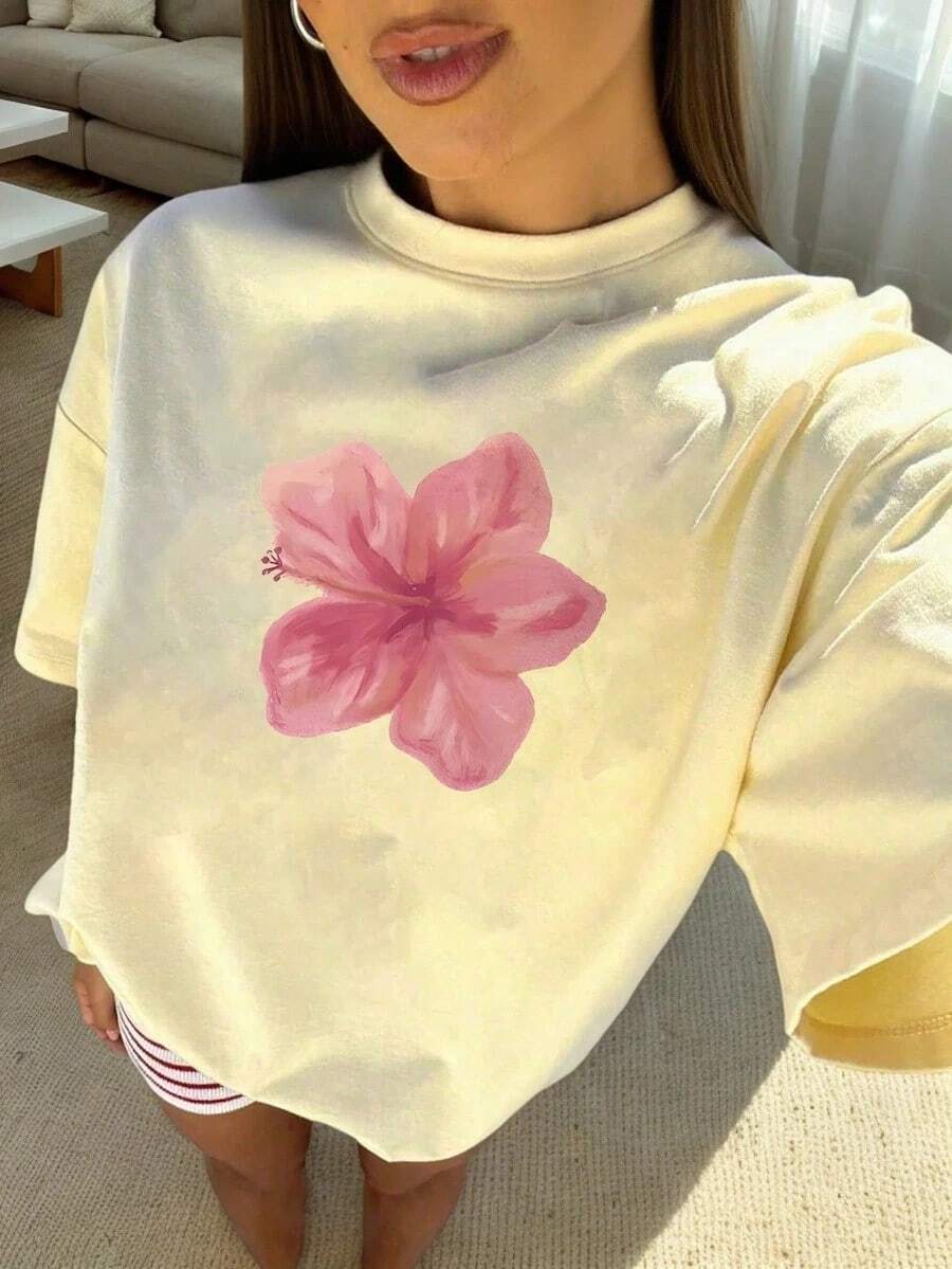 1pcs Plus Size Women's Loose, Drop-Shoulder Fit 100% Cotton T-Shirt, Printed With Watercolor Pink Hibiscus Flowers, Perfect For Tropical Vacations, Beach Dates, Summer Parties, Conveying A Romantic Tropical Vibe - Màu vàng - Xem 1