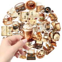 56pcs/Set PET Material Stickers, Vintage Coffee Pattern Sticker Pack, Creative Decals For Festivals Cheering And Party, Decorative DIY Gifts, Transparent Stickers For Diary, Laptop, Notebook, Water Bottle, Phone Case, Aesthetics Stickers For Teens Adults, School Supplies, Back To School - Multicolor - View 12