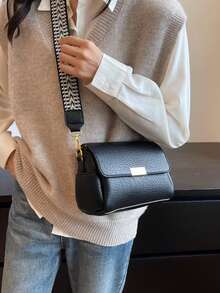 BEIKAMU New Black Embossed Leather Women's Handbag, Gold Metal Buckle Woven Strap Shoulder/Crossbody Bag, Niche High-End Casual Commute Versatile Small Purse - Black - View 8