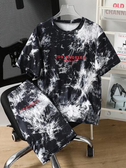 1pc Boys Casual Street Style Tie-Dye Black & White Splatter Los Angeles Letter Print Short Sleeve T-Shirt And Shorts Set, Summer