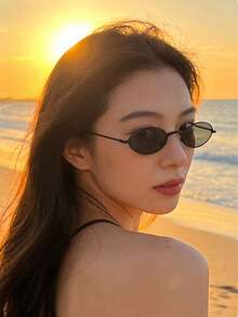 1pc Metal Frame Oval Fashion Decorative Glasses, Suitable For Everyday Use For Summer Beach Vacation,Outdoor,Travel - black gray - View 4