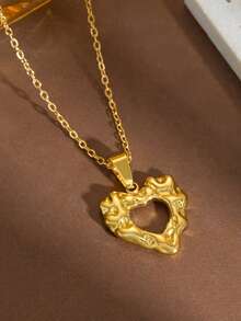 1pc 18K Gold Plated Stainless Steel Hollow Heart Engraved Flower Heart Pendant Necklace, Suitable For Men And Women, Perfect Gift For Birthday, Valentine's Day, Party, Suitable For Daily Wear And Festivals, All Seasons - Gold - View 2