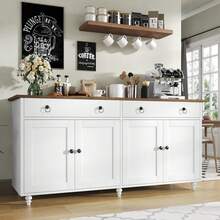 4 EVER WINNER Buffet Cabinet With Storage, 55'' Large Farmhouse Storage Cabinet With 2 Drawers And 4 Doors, Coffee Bar Cabinet With Adjustable Shelves For Kitchen, Dining Room, White - màu đen - Xem 1