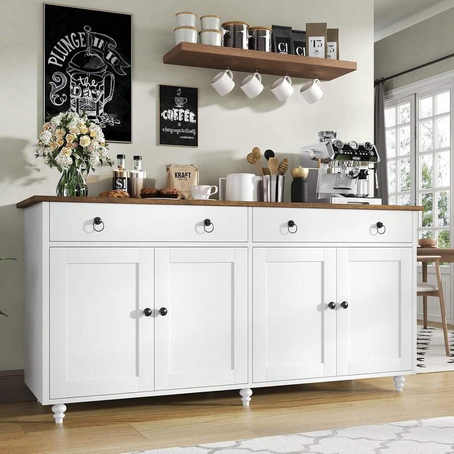 4 EVER WINNER Buffet Cabinet With Storage, 55'' Large Farmhouse Storage Cabinet With 2 Drawers And 4 Doors, Coffee Bar Cabinet With Adjustable Shelves For Kitchen, Dining Room, White - màu đen - Xem 1