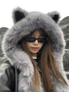 1pc Stylish Faux Fur Fox Ear Neck Warmer Hat, Women Winter Warm Windproof Trapper Hat, Ski Cap