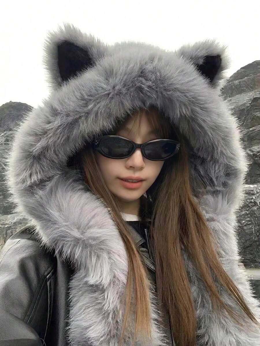 1pc Stylish Faux Fur Fox Ear Neck Warmer Hat, Women Winter Warm Windproof Trapper Hat, Ski Cap