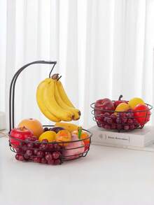 2-Tier Iron Wire Fruit & Vegetable Basket Holder With Banana Hook, Decorative Storage Rack For Countertop, Living Room, Patio, 64oz, Black, Suitable For Kitchen, Living Room, Patio, Storage, Entertaining Guests, Storage, Kitchen Accessories