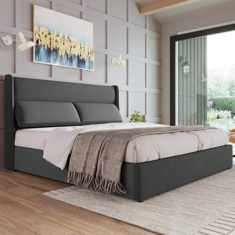 (=491213AAG) Upholstered Double Bed 160x200cm With Adjustable Headrests, Hydraulic Bed Frame With Storage, Linen Material Bed With Metal Slatted Base, Grey (Without Mattress) - Grey - View 1
