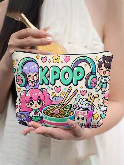 Kpop Themed Foldable Travel Toiletry Bag Colorful Illustration Cosmetic Organizer Zipper Closure Gift For Women Birthday Graduation Friends Portable Makeup Storage Cartoon Music Essential Box Christmas Pouch Clutch Small Handbag Brush Holder Large Capacity Gift Ideas