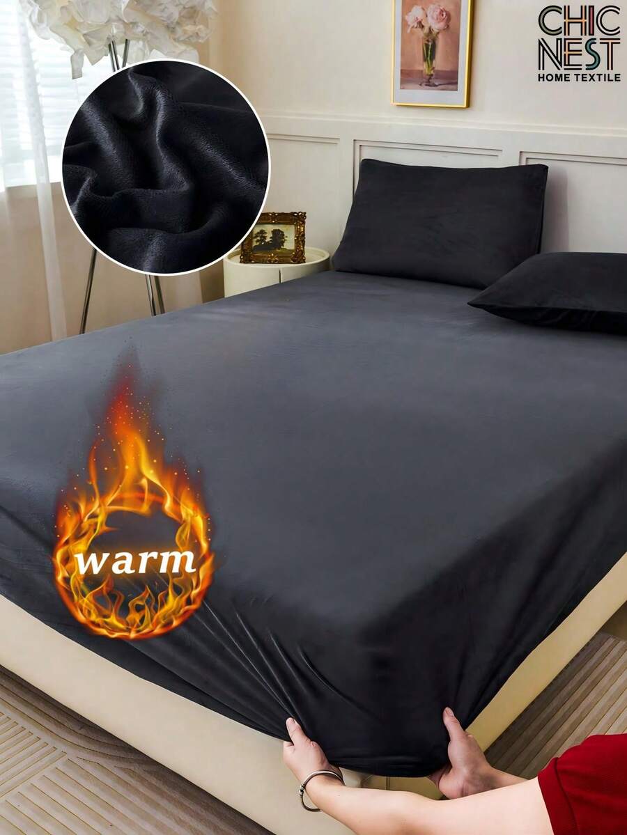 1pc Black Velvet Fitted Sheet Warm Soft Solid Fuzzy Fitted Sheet King Queen Full Twin Size, Luxury Super Soft Cozy Comfy Bottom Sheet With 11.8" Deep Pocket,Suitable For Fall Winter And Spring, No Pillowcases Autumn And Winter Warm Mattress Protection, Deep Pocket, Bed Sheet - Black - View 1