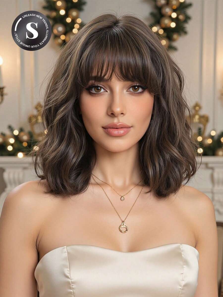 14英寸波浪卷假发，带刘海，高品质自然渐变棕色，采用耐热合成纤维制成，适合日常、度假和旅行佩戴。 - 黑棕色 - 查看 1