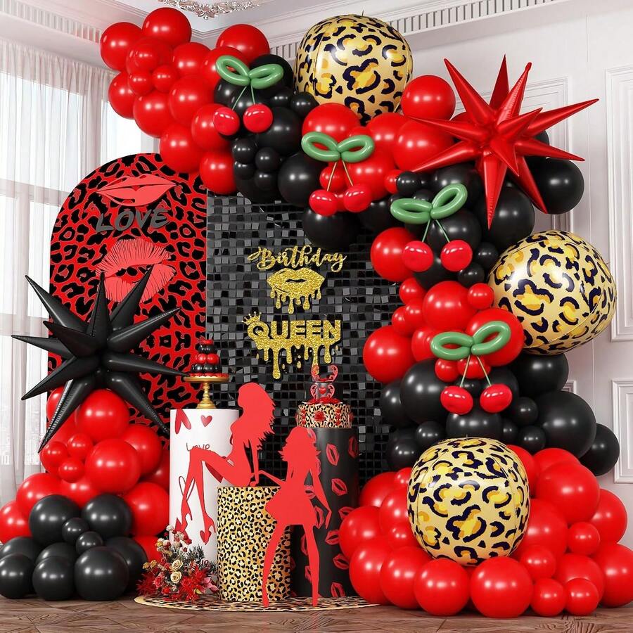 Kit de arco de guirnalda de globos rojo y negro, 118 piezas de globos de foil de estrella explosiva verde, cereza, negro y rojo, globos de mylar con estampado de guepardo 4D para decoraciones de fiesta de cumpleaños, bautizo o despedida de soltera con tema de bayas - Multicolor - Ver 1