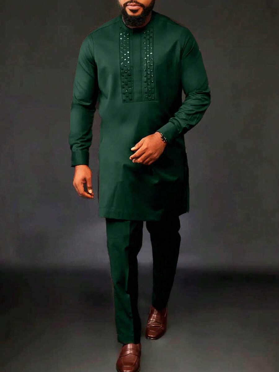 2pcs African Traditional Men's Outfit, Includes Top And Pants, Dashiki Print, Suitable For African American Men, Wedding, Groomsmen, Holiday, Party - Dark Green - View 1