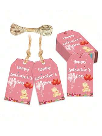 50 etiquetas de regalo del Día de San Valentín con cuerdas - Etiquetas colgantes de papel kraft rosa brillante para recuerdos de fiesta, manualidades DIY y propuestas de boda