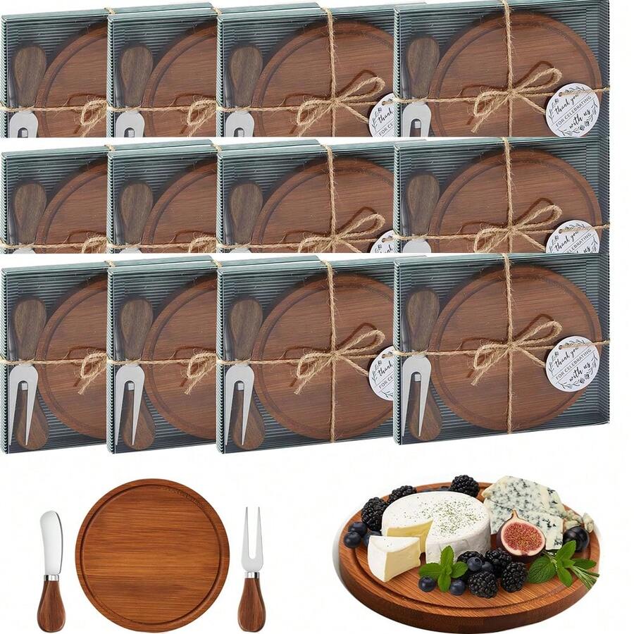 12 Sets Round Cheese Board And Knife Sets, Wooden Mini Cheese Boards With Gift Boxes, Perfect For Weddings, Housewarmings, Birthdays, Baby Showers, And Holiday Party Gifts (Brown And Khaki) - Multicolor - View 1