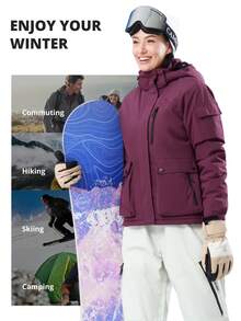CAMEL CROWN 女士防水滑雪服，保暖冬季雪地外套，带帽户外滑雪防风衣 - 紫色 - 查看 7