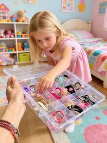 12-Compartment Transparent Plastic Storage Box With Cover, Girls Hair Accessories Organizer, Hair Clips And Elastic Bands Holder, Jewelry And Small Decorations Container - Multicolor - View 2