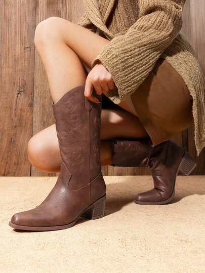 Botas Vaqueras para Mujer con Punta Cuadrada y Bordado Cosido, Cowboy Boots para Dama