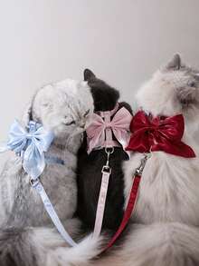 一套可爱猫咪胸背带和牵引绳，LANGXINGCS 狼爪设计，高级时尚防逃脱猫咪散步背心式胸背带，带蝴蝶结，柔软舒适，适合户外使用，适合小型/中型猫咪 - 彩色 - 查看 4