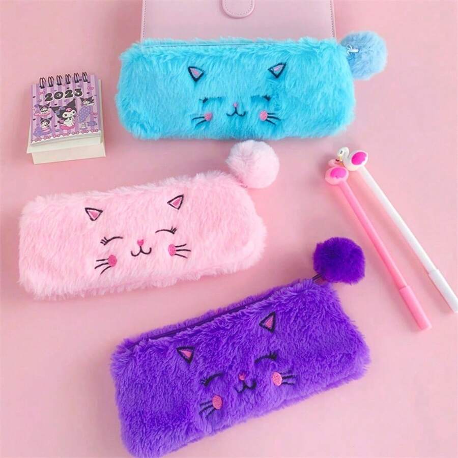 1pcs  Girly Furry Kitten Pencil Bag, Cute Soft Pencil Storage Box, Creative Stationery Gifts For Students, Multi-Functional Storage Bag - 彩色 - 查看 1
