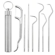 Palitos De Dentes Kit com 7 De Aço Inoxidável Reutilizáveis Portáteis Limpeza Oral - Prata - Visão 5
