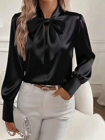 Elegant satinblus med fluga för kvinnor - Klassisk svart långärmad skjorta, utsvängd krage, åtsittande midja, mjukt och slätt satintyg, mångsidig för pendling och formella tillfällen, maskintvättbar och kemtvättbar lyxtopp