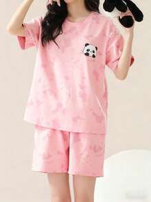 AICJ 2pcs Women Casual Panda Print Short Sleeve T-Shirt And Shorts Pajama Set, Comfortable For Spring And Summer - Pink - View 6