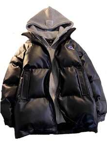 Men's Black Shiny Faux Leather Puffer Jacket - Best Seller Two-In-One Hooded Warm Winter Oversized Casual Outerwear - 黑色 - 查看 2