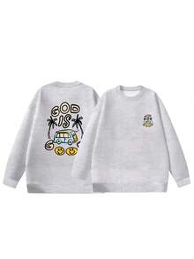 New Year Outfit Women Men Street Style Fashion Crew Neck Sweatshirt God Is Good Car Under Coconut Tree Print Pattern 2025 Autumn Winter Bestselling New  Fashion Long Sleeve Fleece Thickened Essential Classic Basic Style Lazy Style Casual Top Commuting Casual Simple Comfortable Versatile Loose And Comfortable Fall Clothes For Women - 斑點灰色 - 查看 4