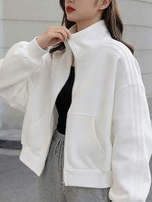 Chaqueta de mujer Chaqueta deportiva corta para mujer Primavera/Otoño Novedad Chaqueta de béisbol Cardigan informal y estilizado Top holgado y versátil Cremallera Cuello alto con bolsillos Chaqueta de béisbol de color liso Prenda exterior informal y holgada para mujer - Blanco - Ver 3