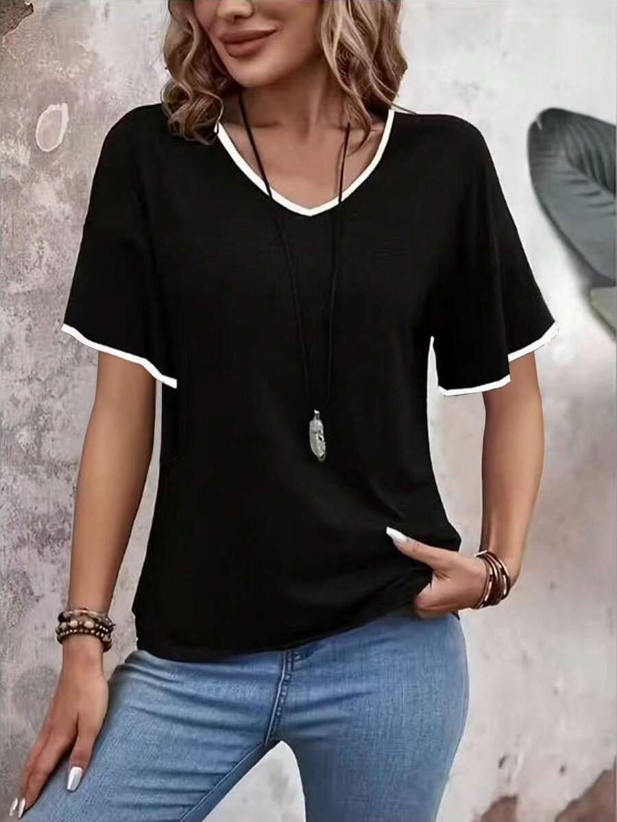 Áo thun dệt kim tay ngắn cỡ lớn dành cho nữ, cổ chữ V, viền trắng, độ co giãn vừa phải, dáng ôm. - màu đen - Xem 1