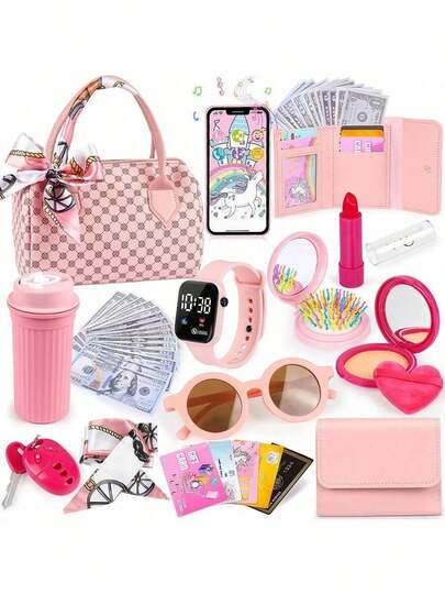 Girls Toy Wallet, Kids Wallet, Includes Pretend Cosmetics, Princess Toy Set, Contains Handbag, Phone, Watch, Scarf, Children's Toy Wallet, Birthday Gift, Suitable For Girls Aged 3, 4, 5, 6 And Above