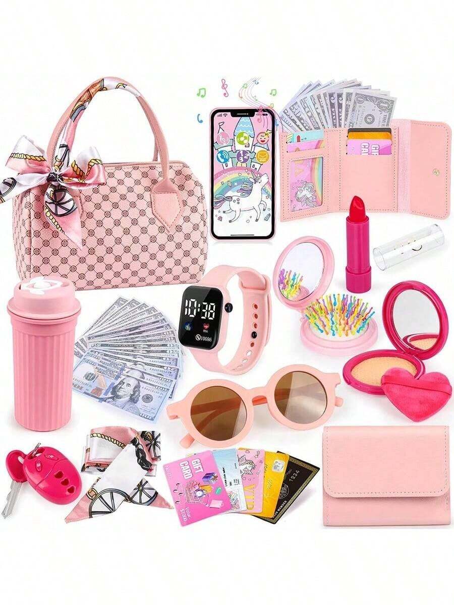Girls Toy Wallet, Kids Wallet, Includes Pretend Cosmetics, Princess Toy Set, Contains Handbag, Phone, Watch, Scarf, Children's Toy Wallet, Birthday Gift, Suitable For Girls Aged 3, 4, 5, 6 And Above - Multicolor - View 1