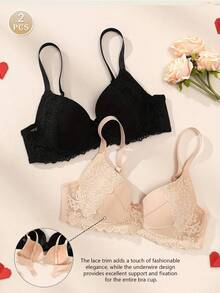 2 piezas Conjunto de sujetador con aros y relleno elegante y sexy, con tirantes ajustables y encaje, lencería suave y transpirable para mujeres - Multicolor - Ver 1