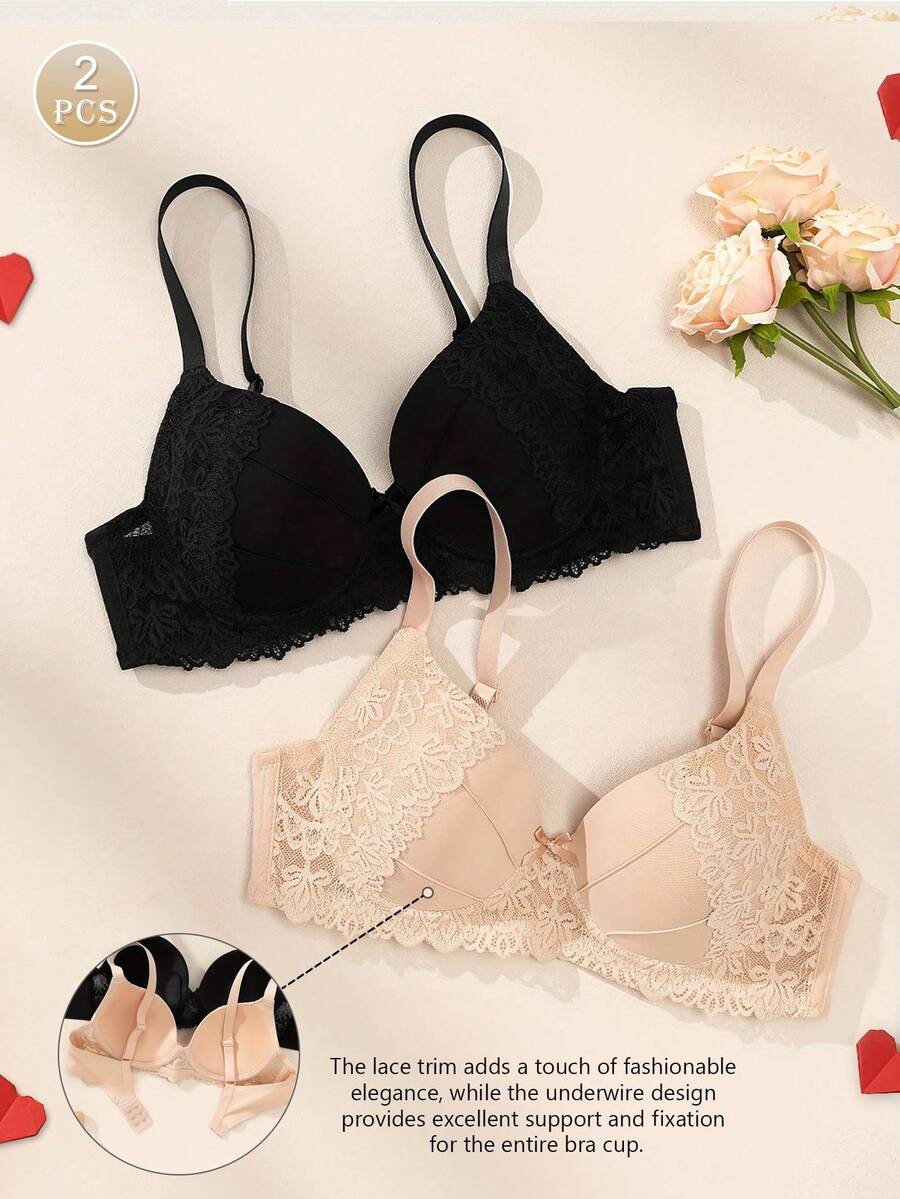 2 piezas Conjunto de sujetador con aros y relleno elegante y sexy, con tirantes ajustables y encaje, lencería suave y transpirable para mujeres - Multicolor - Ver 1