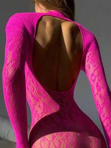 Women's Sexy Fishnet Bodysuit, Tight Fitting Mesh Bodysuit, Lingerie, Sleepwear, Bikini Cover Up - Hot Pink - View 5