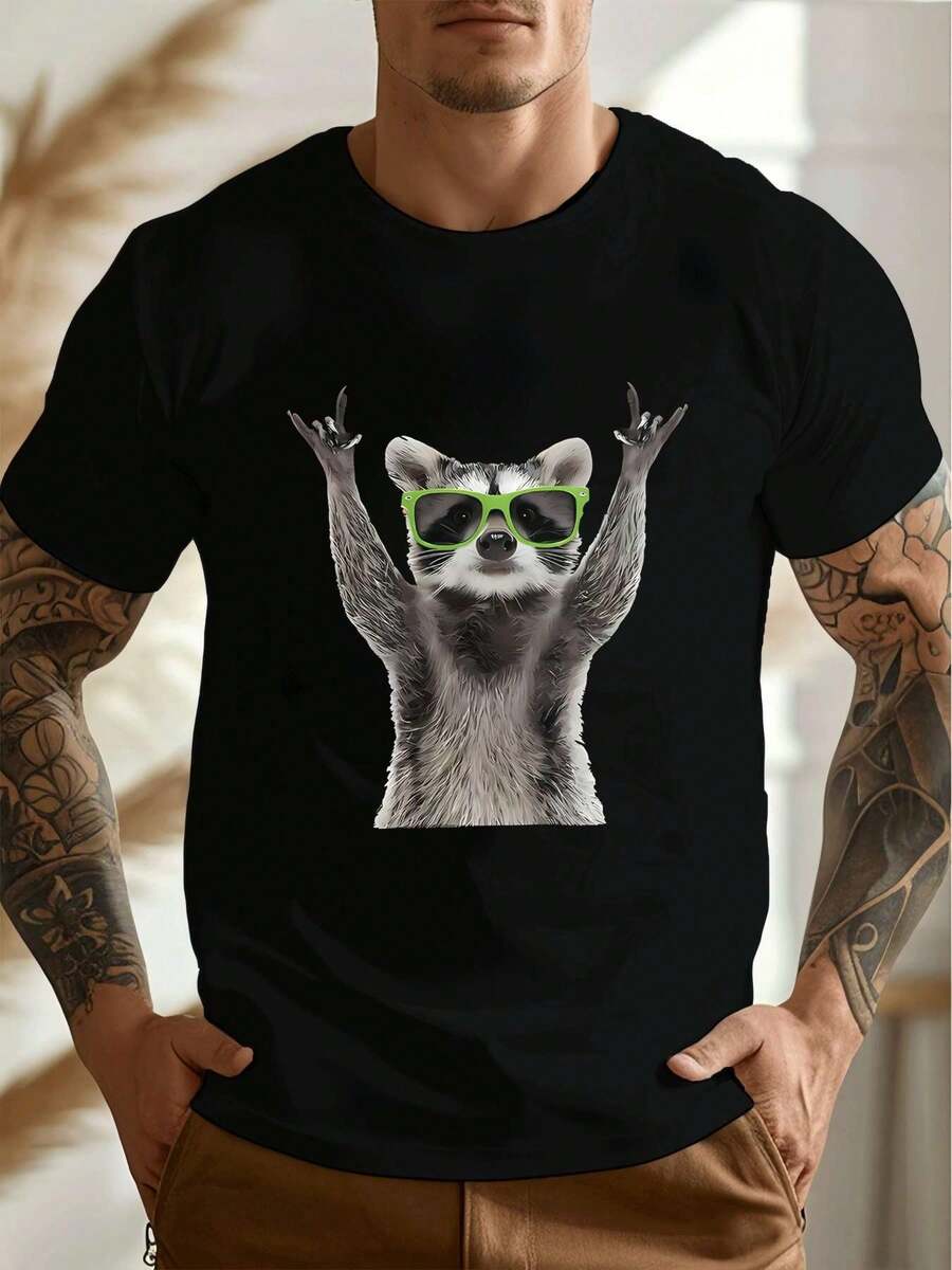 PLUS SIZE Funny Raccoon Graphic Tee Shirt Soft Cotton, Easy Fit, Casual, Comfortable, Statement Print - Black - View 1