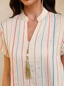 Elegant Embroidered Arabic Dress, JALABIA Tasseled Sash Short Sleeve V-Neck Dress, Ramadan Atmosphere, Soft 2026 New Design Robe Summer - Apricot - View 3