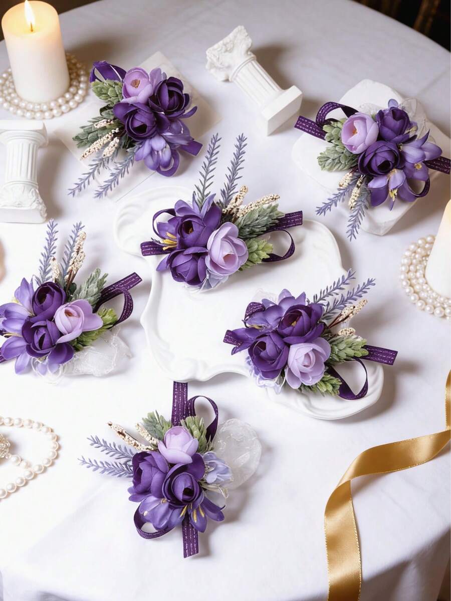 Bộ 6/1 bó hoa cài cổ tay màu tím cổ điển, hoa hồng nhân tạo, hoa oải hương và hoa lá xanh sống động như thật, thích hợp cho cô dâu, phù dâu, trang trí đám cưới, chú rể, mẹ, bà, dạ hội, tiệc tùng, lễ đính hôn, ngày Valentine, quà tặng, phụ kiện chụp ảnh. - Nhiều màu - Xem 1