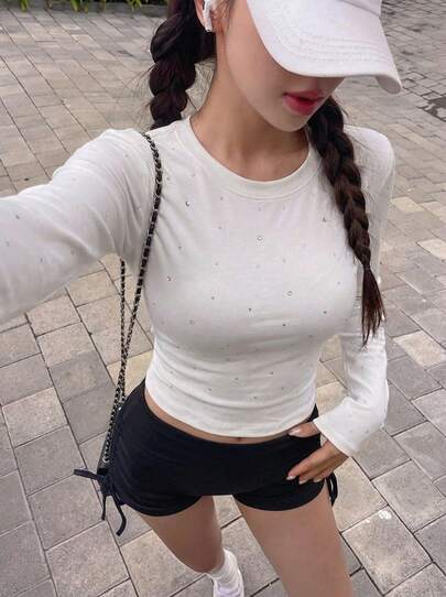 Rikumo Damen Diamant-Dekor Rundhals Langarm Crop Slim Fit Mode T-Shirt Winter