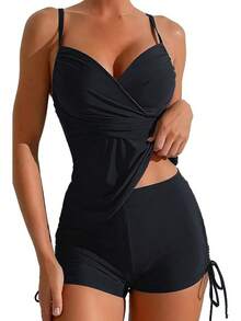 Bikini de Mujer de 2 Piezas Top Tipo Tankini con Shorts Deportivo,Escote en V,Tirantes Ajustables,Abdomen,Traje de Baño para Playa - Negro - Ver 13