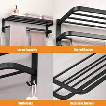 23.6 Inch Black Towel Rack, Suitable For Bathroom Towel Rack, With Double Bars, Wall Mounted Holder For Washroom, With Hooks, Stainless Steel Hotel Bathroom Rack (15/19/23.6 Inch) - Black - View 3