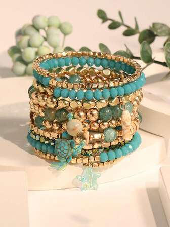 1pc Blue-Green & Gold Beaded Sea Turtle & Starfish Pendant Accent Bohemian Ocean Theme Fashion Bracelet, Suitable For Women To Wear On Beach Vacation