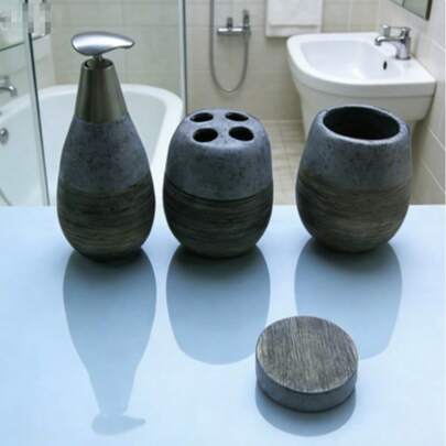 4pcs Bathroom Accessory Set, Stainless Steel Pump Head, Ceramic Material, Includes Tumbler + Toothbrush Holder + Soap Dispenser + Soap Dish, Durable And Suitable For Modern Bathrooms