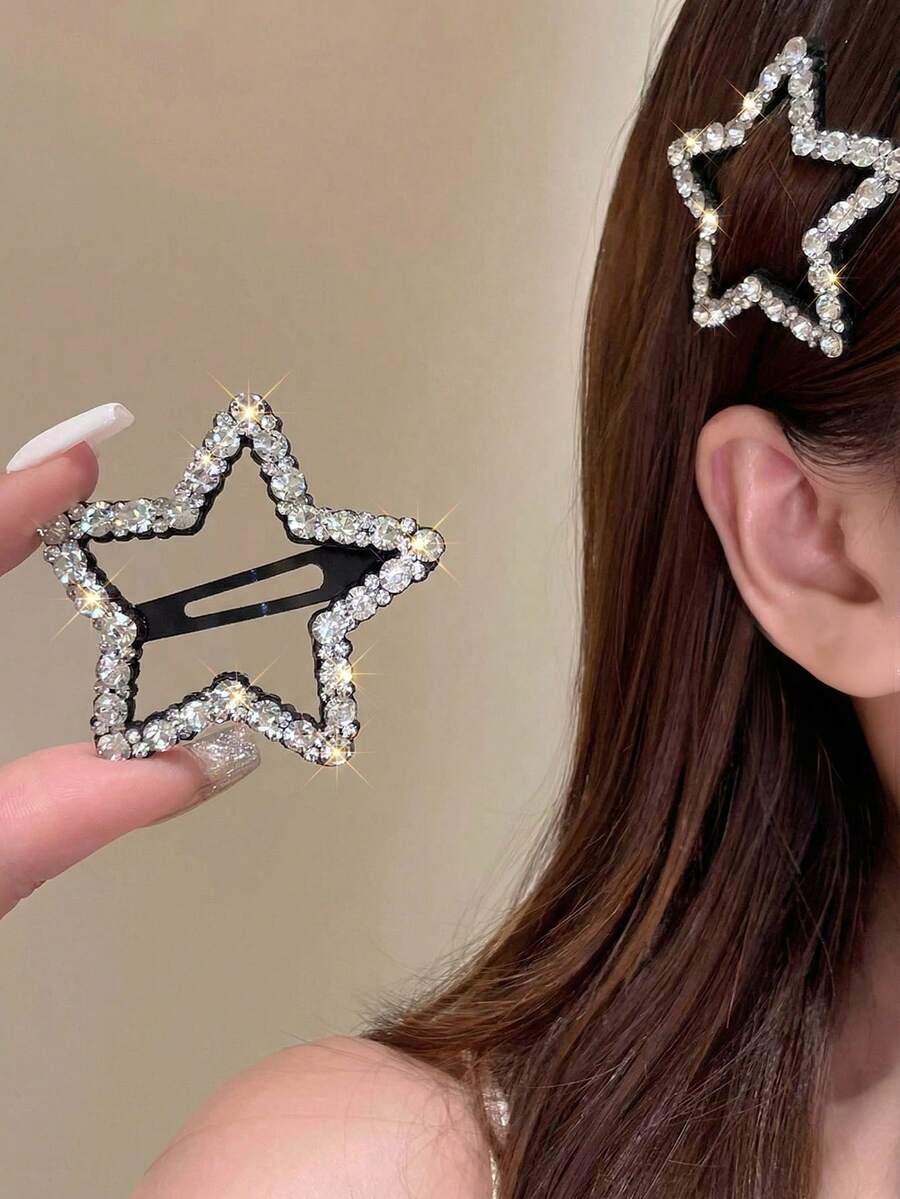 2个女士时尚优雅水钻星星、爱心、云朵几何发夹，适合日常、节日、派对等场合。 - 彩色 - 查看 1