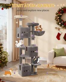 HEXCELEN 76" Cat Tree, Large Cat Tower For Indoor Cats, Cats House Furniture With 2 Platforms, 3 Condos, 7 Scratching Posts, 1 Basket, Pompoms, Washable Cushion, Cat Necessities, Cat Toys, Light Grey - 淺灰色 - 查看 2