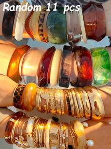 复古优雅古铜币风格随机25/21/19/16/11/8/4/1件 时尚别致金属树脂多元素仿古风格彩色扎染透明棕色蓝色绿色白色豹纹厚树脂手镯套装 - 彩色 - 查看 19