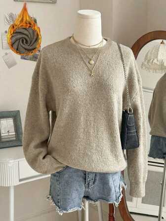 Plus Size Women's Outings,Suitable For Wearing Outdoors,Home Cooking,Office Attire,Suitable For Spring, Autumn And Winter,Solid Color Casual, Simple, Loose And Comfortable Faux Wool Crew Neck Long-Sleeved Sweatshirt,Plus-Size Top, Comfortable And Casual Autumn/Winter Faux Wool Plus-Size Tops,Valentine's Day Gifts,Couple Outfits,Unisex